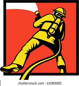 vector  illustration of a Firefighter or fireman aiming a fire hose viewed from rear in retro style