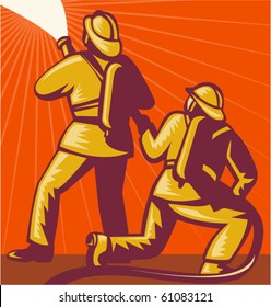 vector illustration of a Firefighter or fireman aiming a fire hose  done in retro style