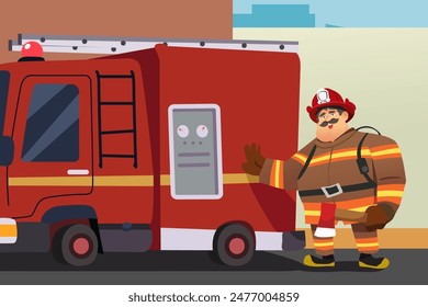 Una Ilustración vectorial de bombero frente a un camión de bomberos