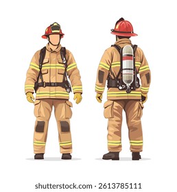 Vector illustration of a firefighter in full protective gear and helmet, shown from front and back views, representing emergency response, fire safety, and rescue services.