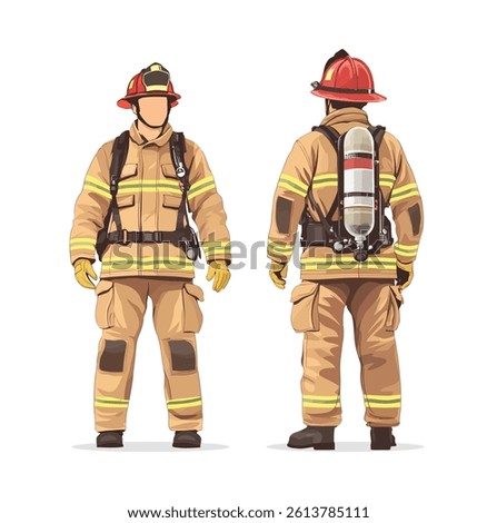 Vector illustration of a firefighter in full protective gear and helmet, shown from front and back views, representing emergency response, fire safety, and rescue services.