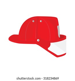 Vector Illustration Firefighter Helmet With Protective Glass. Red Fireman Hat Icon 