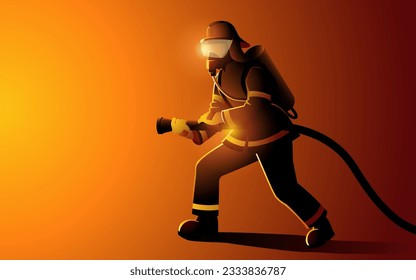 Vector illustration of a firefighter with a hose