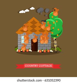 Vector illustration of firefighter in protective clothing and helmet extinguishing fire in country house. Burning country house flat style design element.
