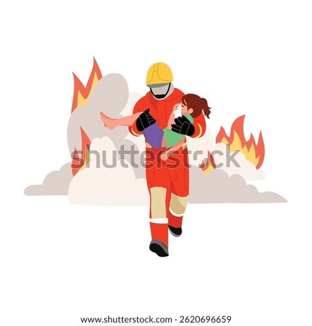 Vector illustration of a firefighter saving a girl from a fire. Cartoon scene of a firefighter in gear, carrying a girl in his arms from the fire, clouds of smoke isolated on a white background.