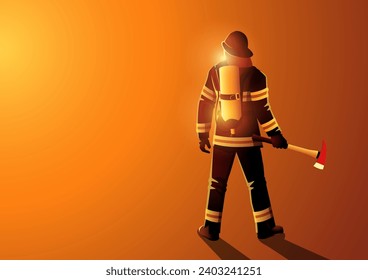 Vector illustration of a firefighter seen from back view