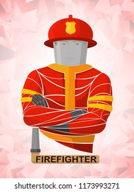 Vector illustration of a firefighter in uniform and helmet with arms crossed. Concept of emergency service, fire safety, rescue, and public protection profession.