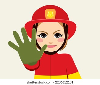 Ilustración vectorial de la mujer bombera haciendo señas de parada. Aviso a trabajadoras