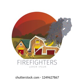 Vector Illustration Firefighters Eliminating Farm. Banner Cartoon Image Firefighters Eliminating Farm Fire Isolated on White Background. Concept destruction by Force Fire. Destruction of real estate