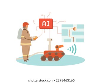 A vector illustration of firefighters safely extinguishing a fire using AI and robots