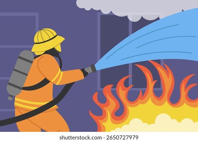 Vector illustration of firefighters spraying flames in an apartment