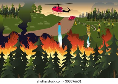 Ilustración vectorial de los bomberos tratando de apagar incendios en el bosque