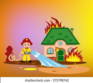 Vector illustration of firefighters trying to put out burning house.