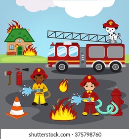 Vector illustration of firefighters trying to put out burning house.