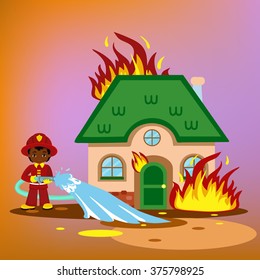 Vector illustration of firefighters trying to put out burning house.