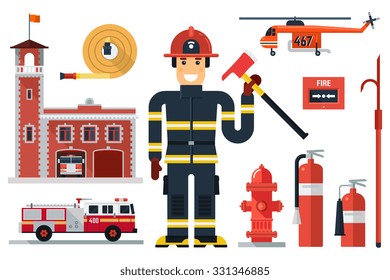 Vector illustration of firefighting character, fire helicopter, hose, fire station, fire engine, fire  alarm, extinguisher, axe,  hook and hydrant. Flat style. Elements for infographic. 