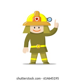 Vector illustration of fireman character with pointed up finger. Cartoon firefighter isolated on white, full length. Flat design.