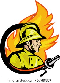 vector illustration of a Fireman or firefighter with fire hose and fire in the background.