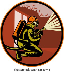 vector illustration of a Fireman firefighter kneeling with fire hose fighting fire and smoke set inside circle