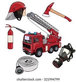 Vector illustration, fireman gear, cartoon concept, white background.