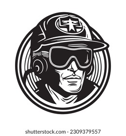 Vector illustration of a fireman head with helmet and goggles in vintage style, mascot logo design