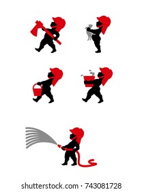 Vector illustration of fireman such cupid with tools. Icons Set.