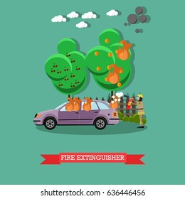 Vector illustration of fireman using extinguisher to remove fire from automobile. Fire extinguisher design element in flat style.