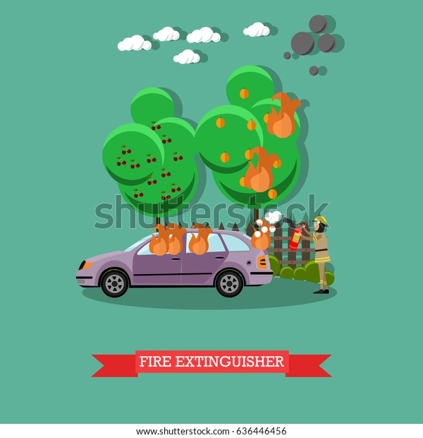Vector illustration of fireman using extinguisher\
to remove fire from automobile. Fire extinguisher design element in\
flat style.