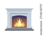 A vector illustration of a fireplace with burning flames. Features a white surround, pillars, and a glowing fire. Isolated on a white background, suitable for various design applications.