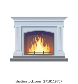 Una Ilustración vectorial de una chimenea con llamas ardientes. Presenta un entorno blanco, pilares y un fuego brillante. Aislado sobre un fondo blanco, adecuado para diversas aplicaciones de diseño.