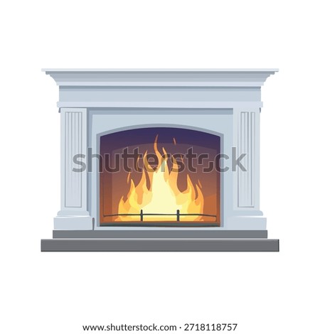 A vector illustration of a fireplace with burning flames. Features a white surround, pillars, and a glowing fire. Isolated on a white background, suitable for various design applications.