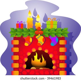 A vector illustration of a fireplace with a Christmas theme.