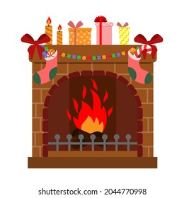 vector illustration of a fireplace decorated for Christmas, gift boxes, isolated on a white background.
