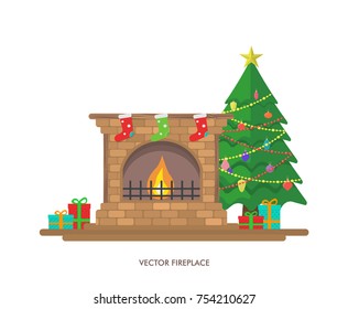 Vector illustration with fireplace and gifts.