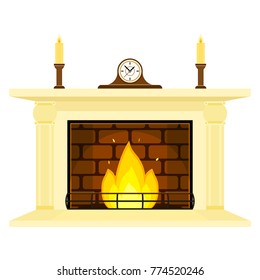Vector illustration of fireplace isolated on white background, with candles and mantle clock. Burning fire in flat style.