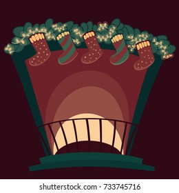 Vector illustration of a fireplace with socks for sweets and other Christmas decorations