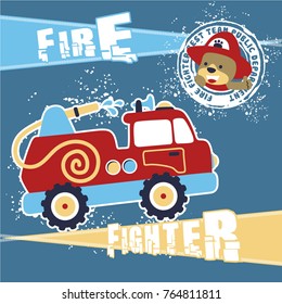 Vector illustration of firetruck cartoon with funny bear