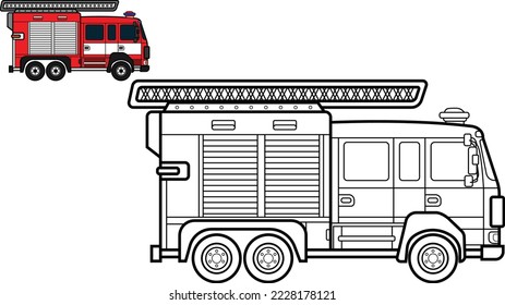 Vector illustration of firetruck and suitable for coloring book or page.