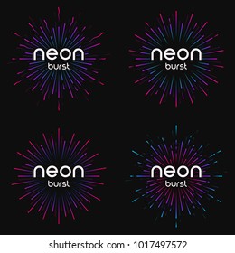 Vector illustration of firework explosions, star or sunbursts, rays of light in bright neon colors. Global swatches.