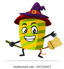 vector illustration of firework mascot or character wearing witch costume and ride flying broom