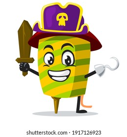 ilustración vectorial de la mascota o personaje de fuegos artificiales que lleva disfraz de piratas y sostiene una espada de madera