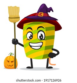 vector illustration of firework mascot or character wearing witch costume and holding broom