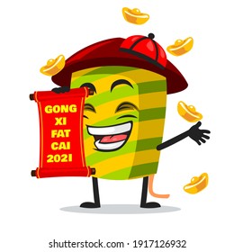 vector illustration of firework mascot or character holding red scroll and says happy chinese new year 2021