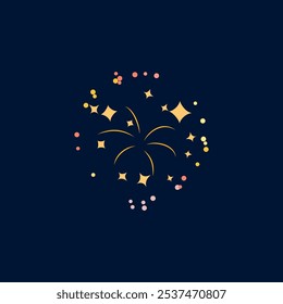 Vector illustration of firework, round shape, with flying trails, particles and stars. Multicolored festive salute on isolated black background. Cartoon flat style for design.
