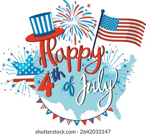 Vector illustration with fireworks, American flag, and festive typography in red, white, and blue colors