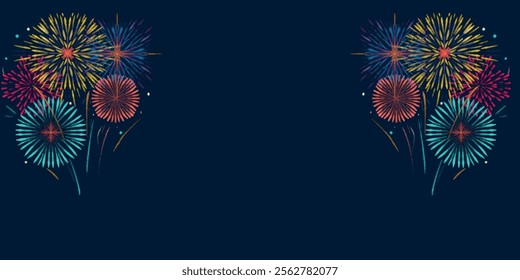 Vector illustration fireworks background  banner with navy blue background and coloured fireworks 