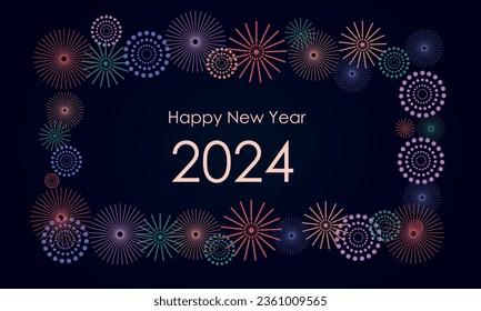 Vektorgrafik mit Feuerwerken und Ballons auf dunklem Hintergrund, Text "Happy New Year 2024". Flaches Design. Feiertage, Grußkarte, Poster, Banner, Flyer