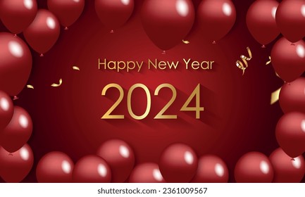 Vector illustration with fireworks and balloons on a dark background, text "Happy New Year 2024". Flat design. Holiday celebration, greeting card, poster, banner, flyer
