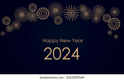 Vector illustration with fireworks and balloons on a dark background, text "Happy New Year 2024". Flat design. Holiday celebration, greeting card, poster, banner, flyer