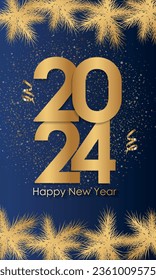 Vector illustration with fireworks and balloons on a dark background, text "Happy New Year 2024". Flat design. Holiday celebration, greeting card, poster, banner, flyer